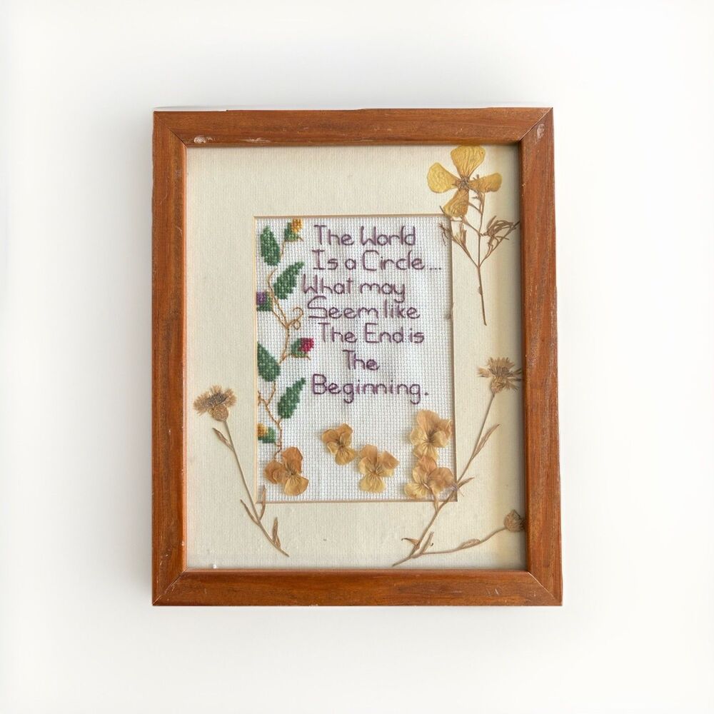 Handmade Framed Cross Stitch With Dried Flowers New Beginnings Cottage Folk Art